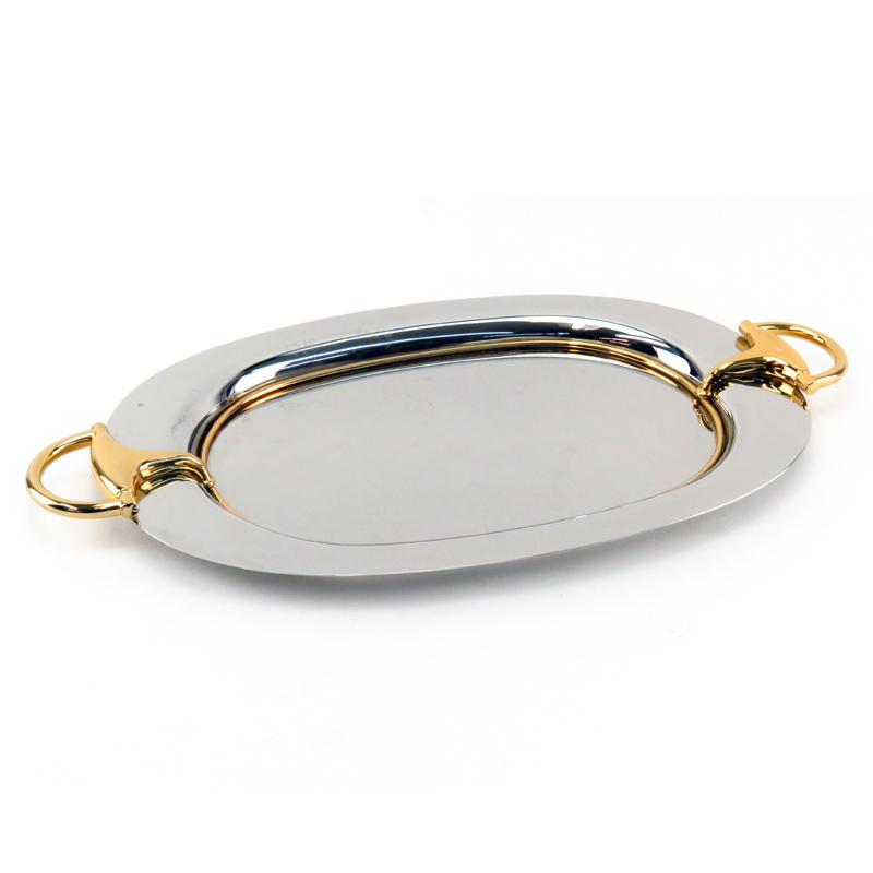 Vintage Gucci Italy Silver Plate and Brass Mounted Oval Tray
