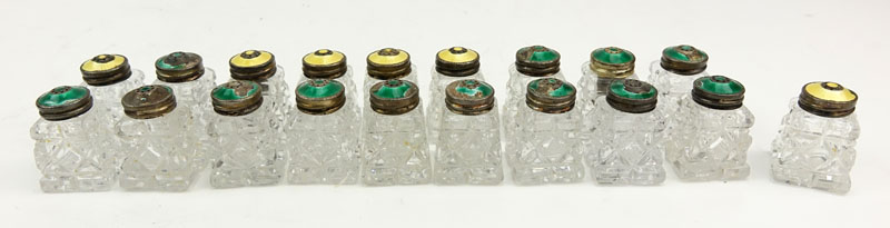 Collection of Vintage Glass Salt and pepper shakers with enameled tops