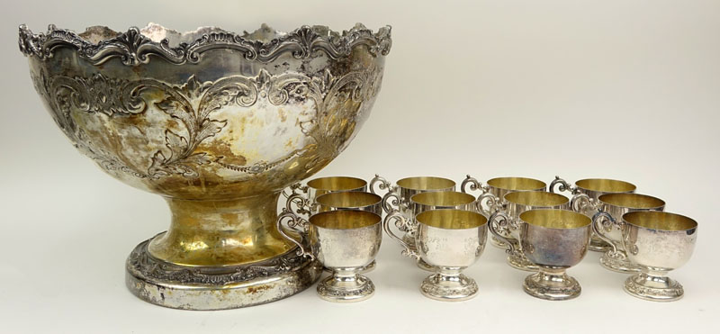 Vintage Silver Plate Hand Chased Punch Bowl Set With 12 Cups