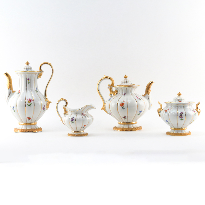 Four (4) Piece Meissen Gilt Hand Painted Porcelain Tea/Coffee Set