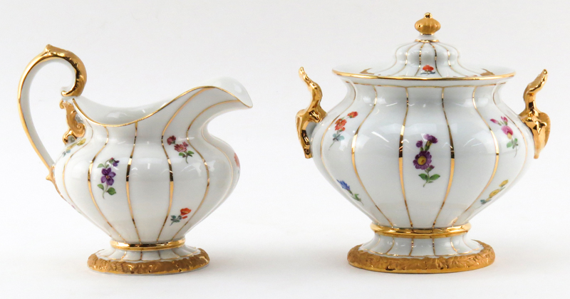 Four (4) Piece Meissen Gilt Hand Painted Porcelain Tea/Coffee Set