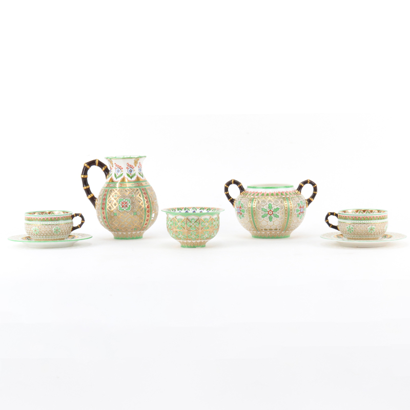 Grouping of Seven (7) Piece Assembled Serves "Chinois Reticule" Gilt Hand Painted Breakfast Set