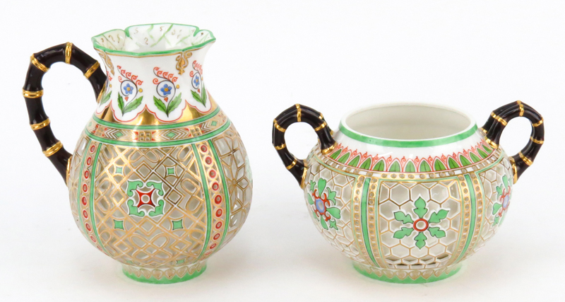 Grouping of Seven (7) Piece Assembled Serves "Chinois Reticule" Gilt Hand Painted Breakfast Set