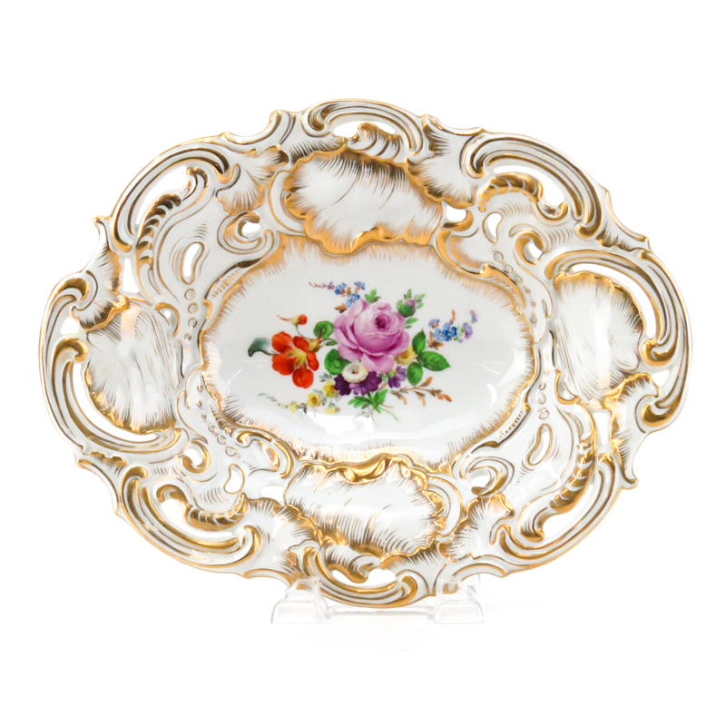 Antique Meissen Gilt Hand Painted Porcelain Pierced Bowl