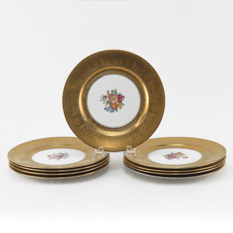 Set of Nine (9) Floral Decorated Gilt Rimmed Service Plates