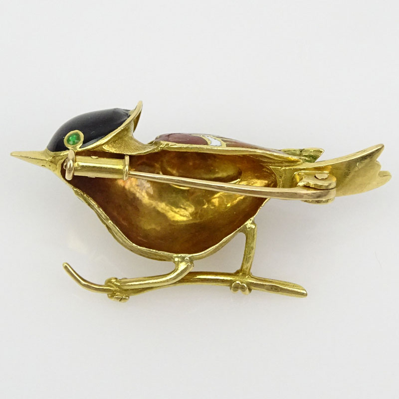 Vintage 18 Karat Yellow Gold and Enamel Bird Brooch