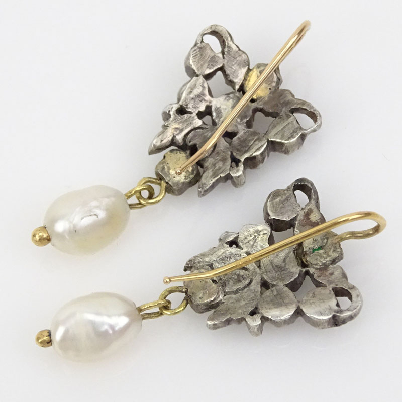 Antique style Emerald, Baroque Pearl, 18 Karat Yellow Gold and Silver Earrings