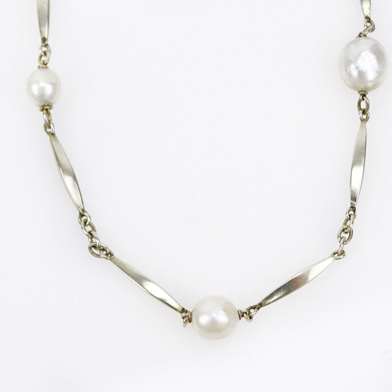Delicate Vintage French 14 Karat White Gold and Baroque Pearl Necklace