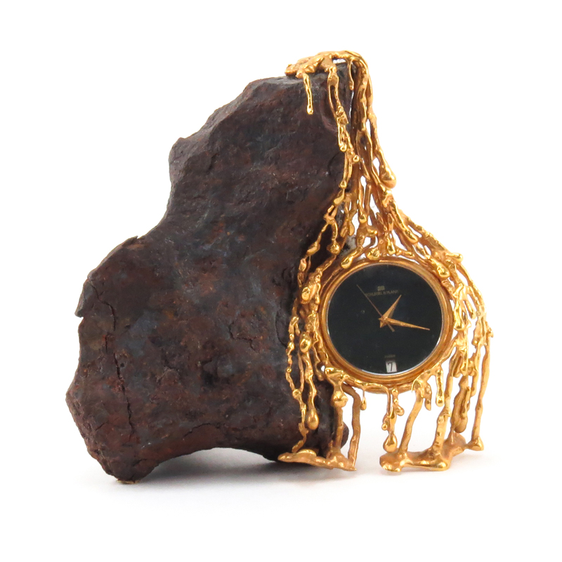 Schlegel & Plana 18 Karat Yellow Gold Surrealistic Clock Mounted On Meteor Rock