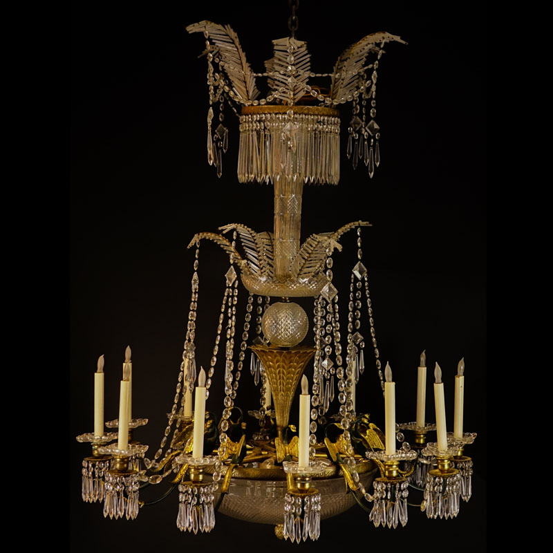 Large Antique French Empire style, Possibly Baccarat 12 Arm Bronze and Crystal 3 Tiered Chandelier