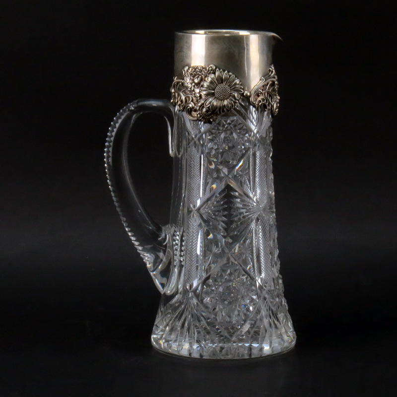Antique Cut Crystal Pitcher With Dominick & Haff Sterling Silver Rim