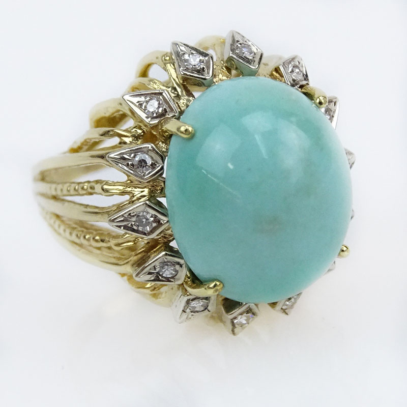 Vintage Cabochon Turquoise and 14 Karat Yellow Gold Ring with Small Diamond Accents