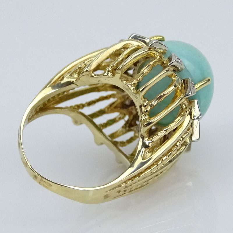 Vintage Cabochon Turquoise and 14 Karat Yellow Gold Ring with Small Diamond Accents