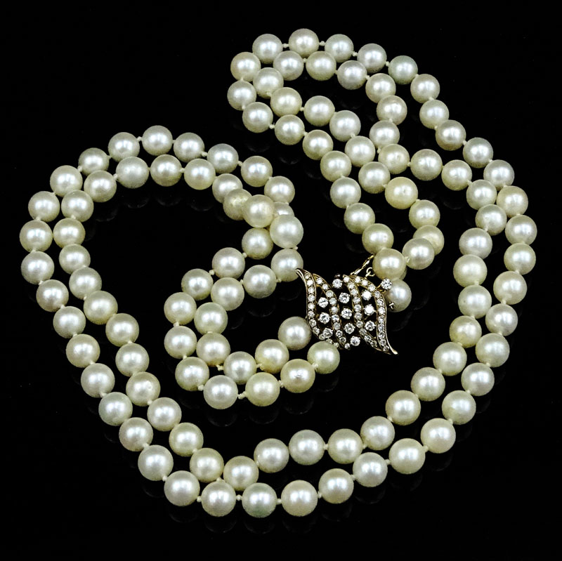 Vintage Double Strand White Pearl Necklace with 14 Karat Yellow Gold and Diamond Clasp