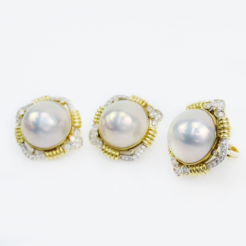 Vintage Mabe Pearl and 14 Karat Yellow Gold Earring and Ring Suite with Diamond Accents