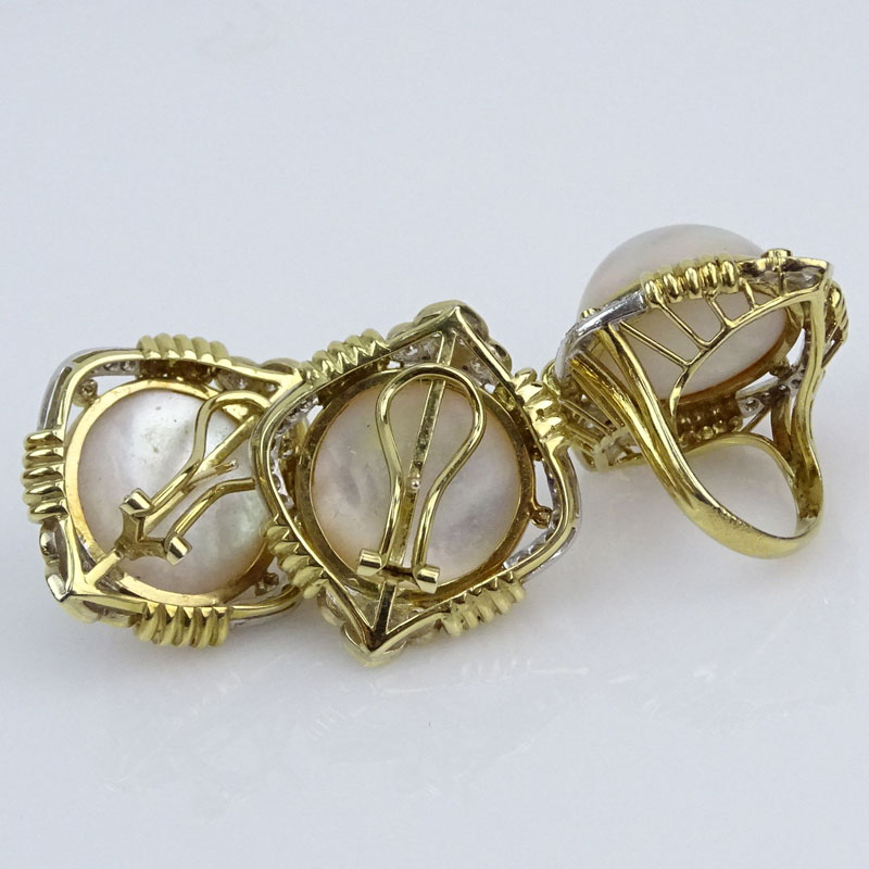 Vintage Mabe Pearl and 14 Karat Yellow Gold Earring and Ring Suite with Diamond Accents