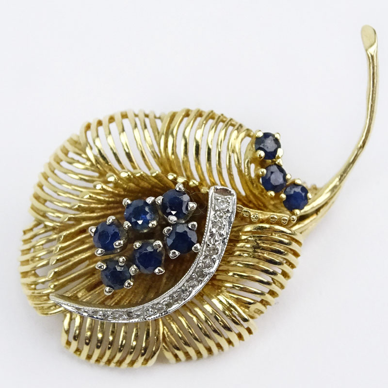 Vintage 14 Karat Yellow Gold Leaf Brooch with Round Cut Sapphires and Diamonds