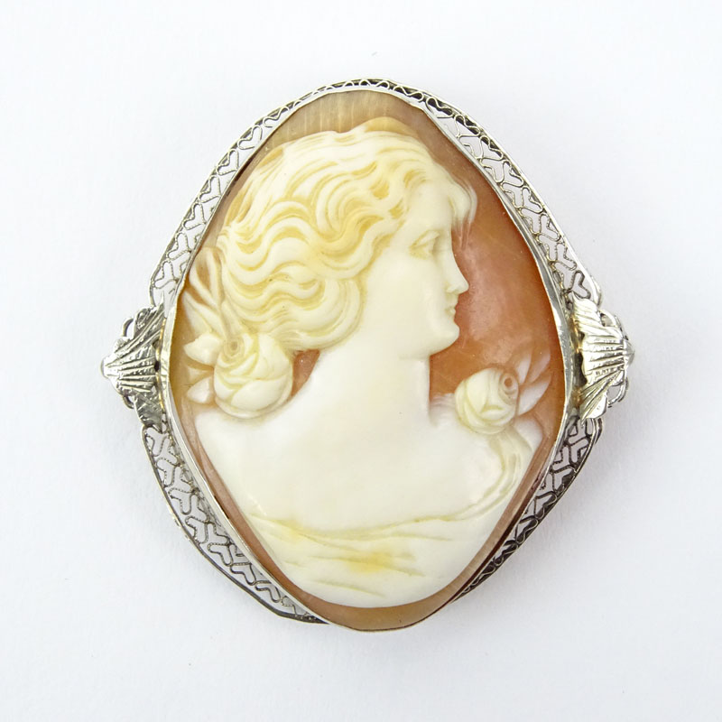 Antique Carved Shell Cameo and White Metal Pendant/Brooch