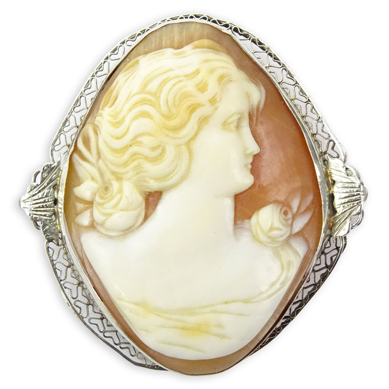 Antique Carved Shell Cameo and White Metal Pendant/Brooch