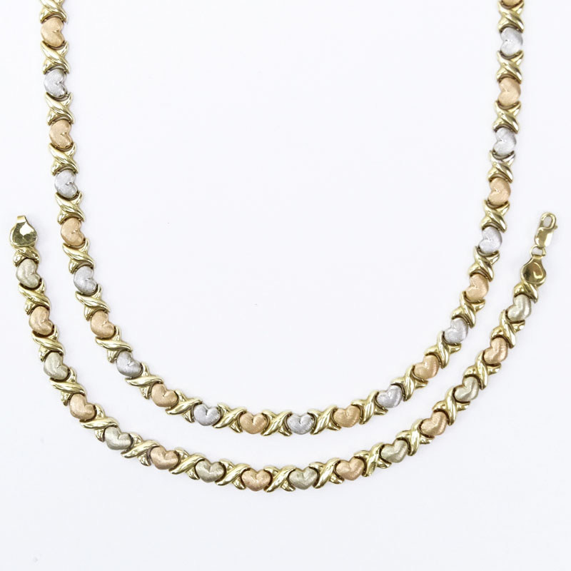 14 Karat Tri-color Gold Heart Necklace and Bracelet Suite