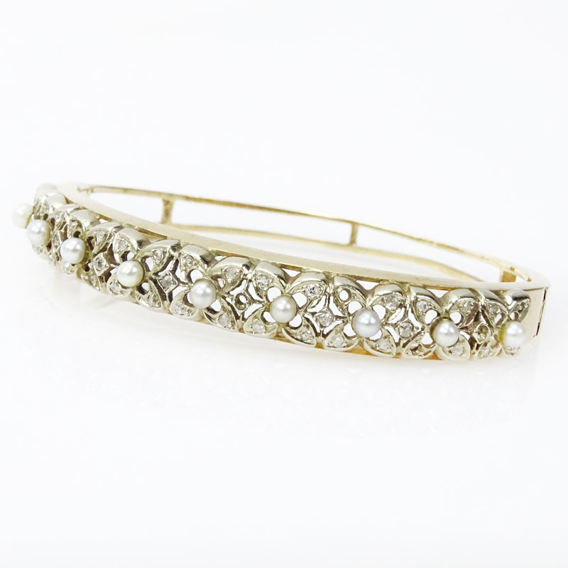 Vintage 14 Karat Yellow Gold and Seed Pearl Bangle Bracelet with Small Diamond Accents
