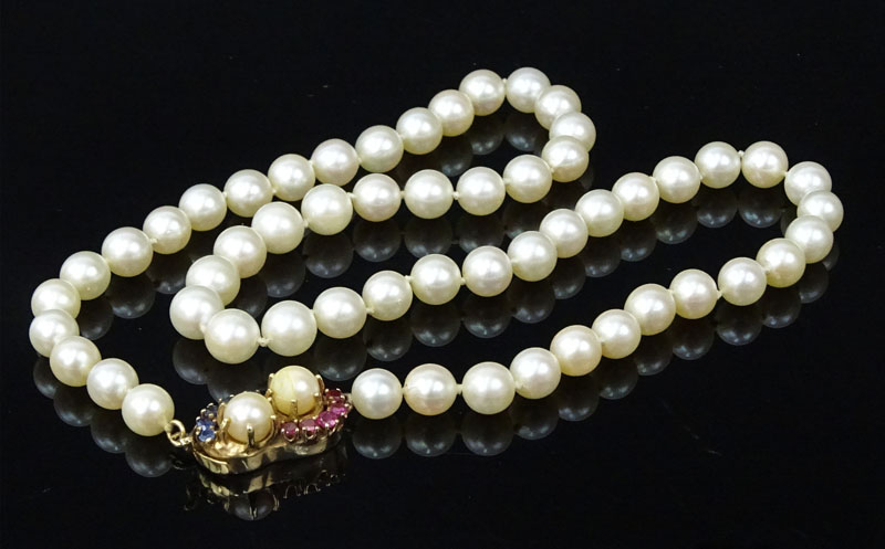 Vintage Single Strand Pearl Necklace with Sapphire, Ruby and 14 Karat Yellow Gold Clasp