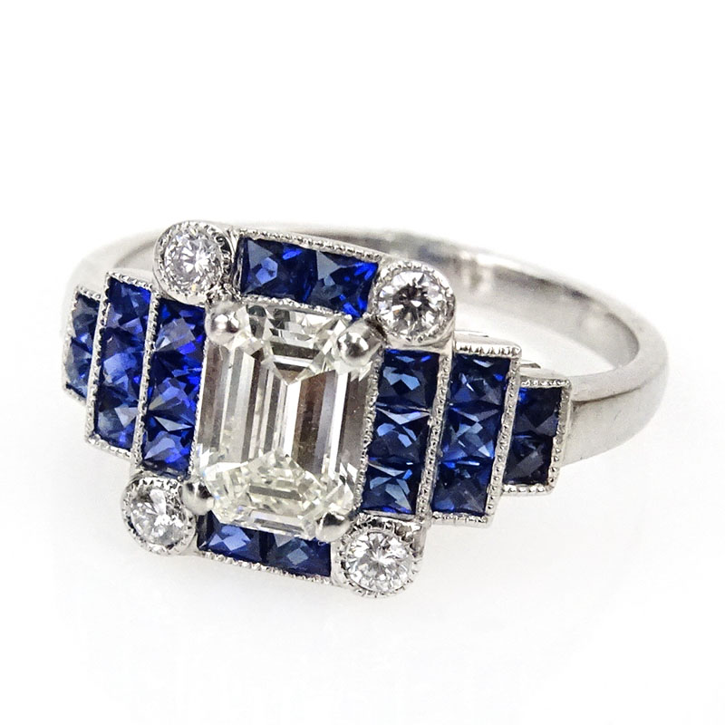  1.0 Carat Emerald Cut Diamond, 1.27 Carat French Cut Sapphire and Platinum Ring.