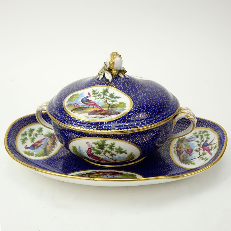 18th Century Sevres Porcelain Cobalt Blue and Gilt Ecueille and Cover with Underplate, circa 1770-1780)