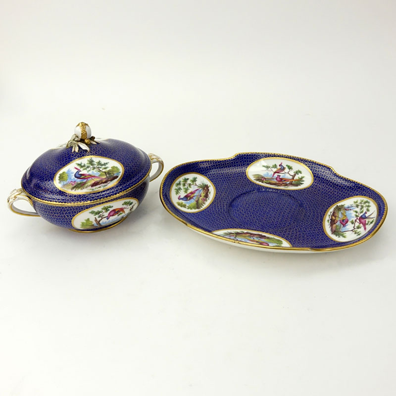 18th Century Sevres Porcelain Cobalt Blue and Gilt Ecueille and Cover with Underplate, circa 1770-1780)