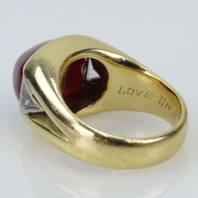 16.50 Carat Sugarloaf Cabochon Ruby, .30 Carat Diamond and 14 Karat Yellow Gold Ring. 