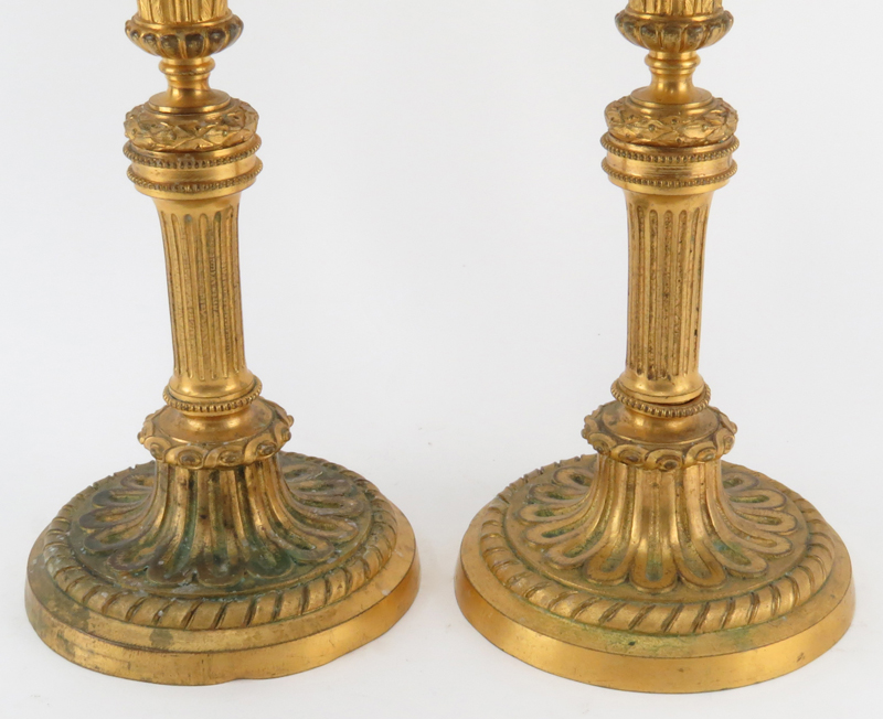 Pair 19th Century Louis XVI Style Gilt Bronze 3 Branch Candelabra