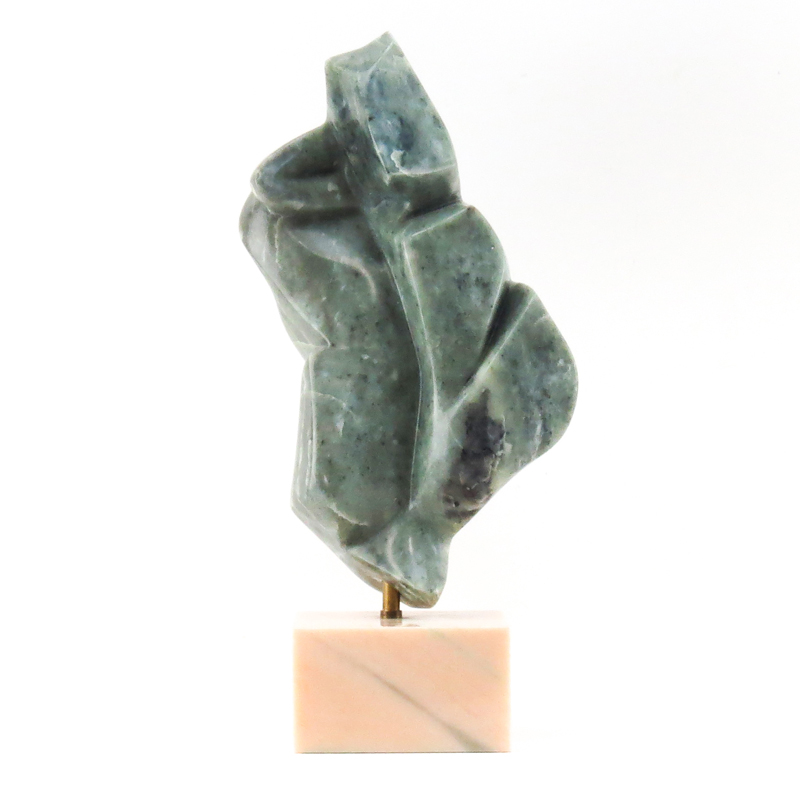Mid Century Modern Abstract Green Stone Sculpture on Marble Base