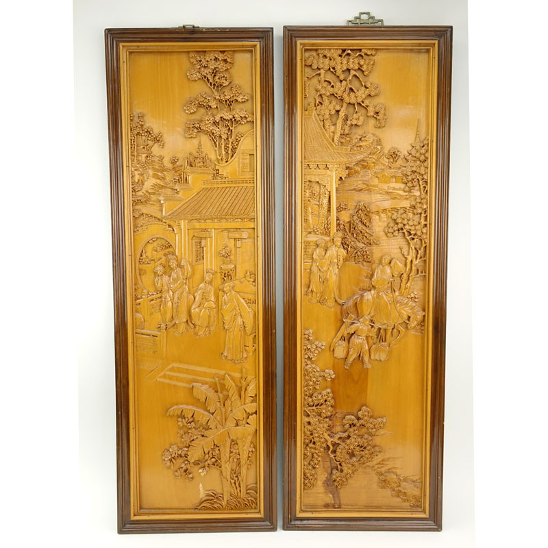 Pair of Mid 20th Century Chinese Carved Wood Relief Panels