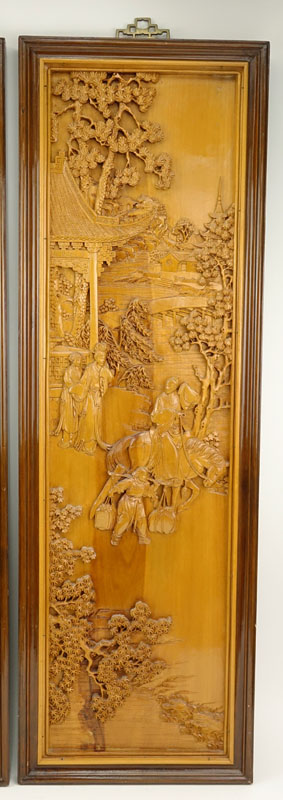 Pair of Mid 20th Century Chinese Carved Wood Relief Panels