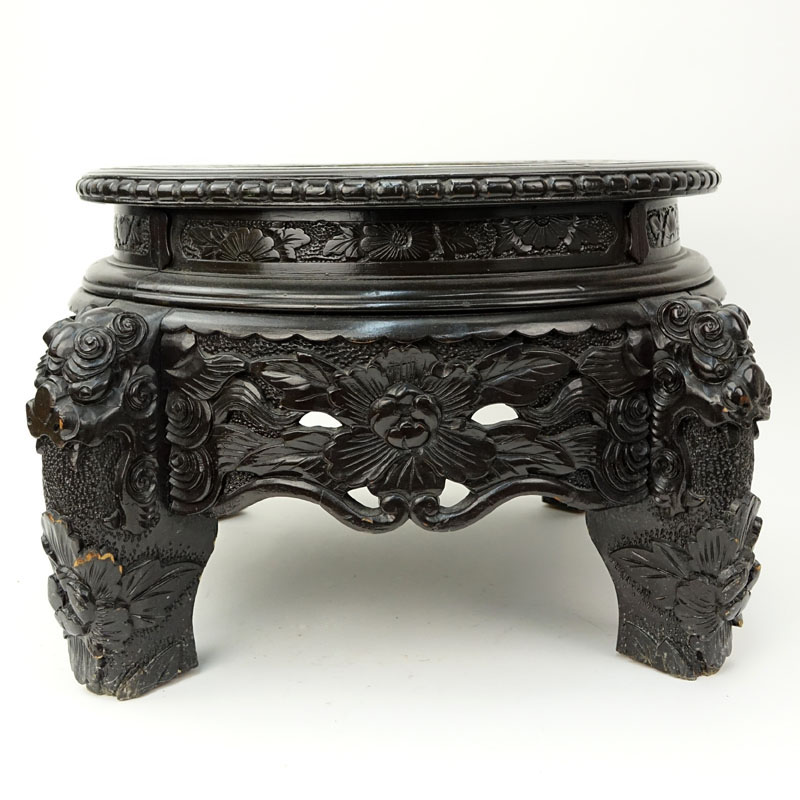 19/20th Century Chinese Carved Teakwood Marble Top Pedestal Table