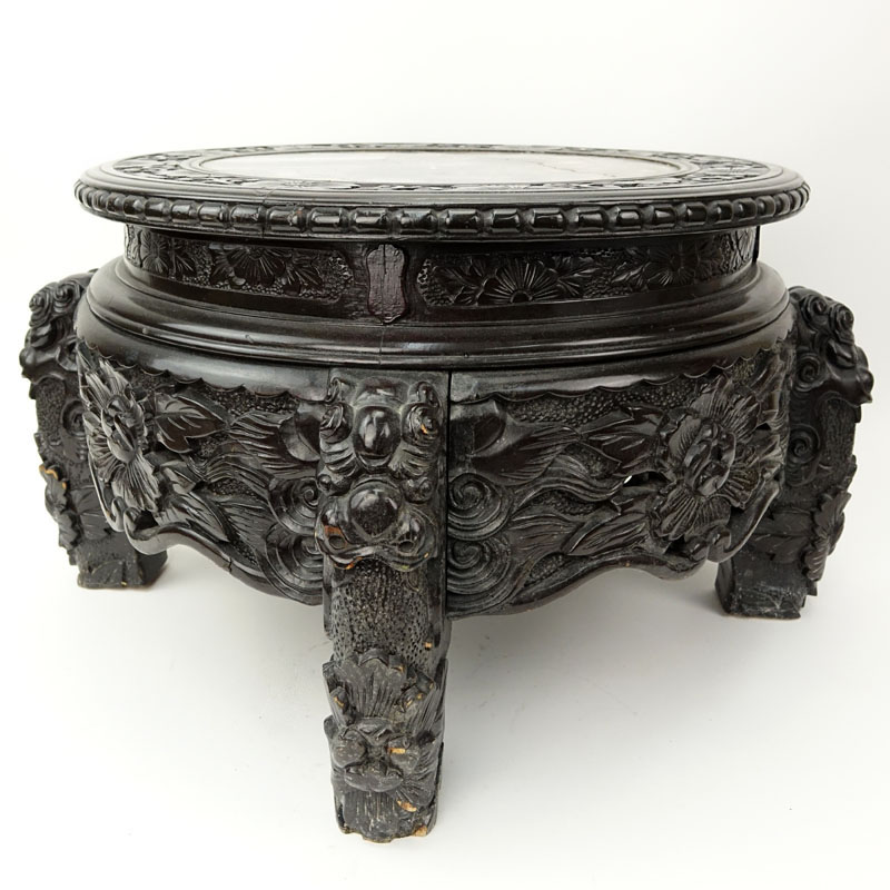 19/20th Century Chinese Carved Teakwood Marble Top Pedestal Table