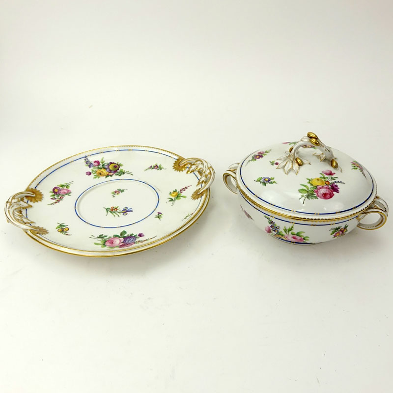 19th Century Sevres Porcelain Handled Ecueille and Cover with Underplate