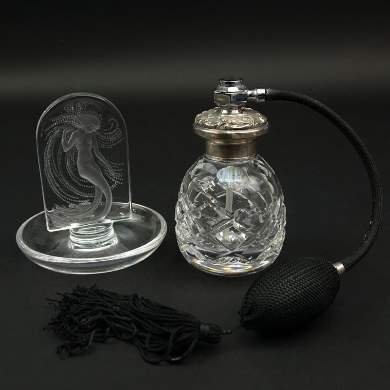 Lalique "Sirene" Crystal Ring Holder and Crystal Atomizer with Silver Top