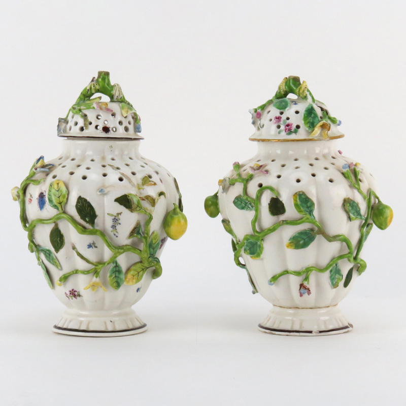 19th Century Chelsea Porcelain Applied Flower and Semi Pierced Covered Jars