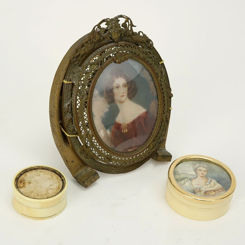 Grouping of Three (3) Antique Bronze Framed Hand Painted Portrait with two Miniature Portrait Boxes