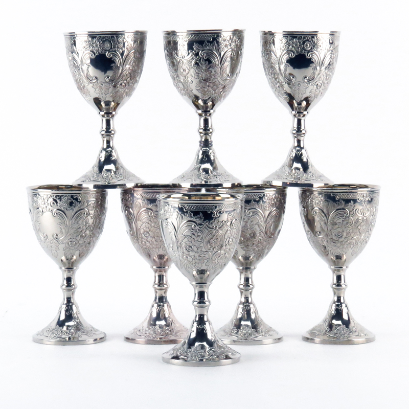 Set of Eight (8) Chased Silver Plate Goblets With Gilt Interior