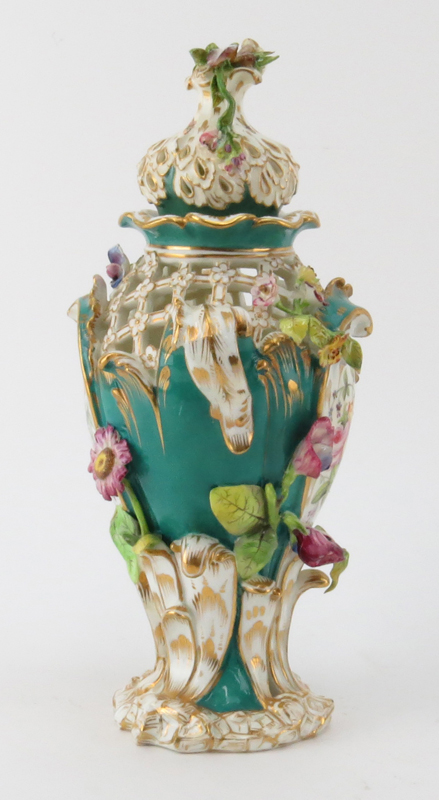 Pair of 18/19th Century English, Possibly Chelsea, Hand Painted Porcelain Reticulated Covered Urns