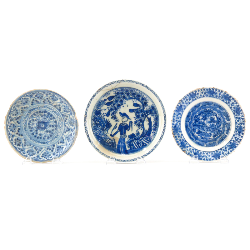Grouping of Three (3) 17th Century Persian Blue and White Glazed Ceramic Dishes