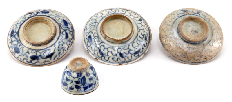 Grouping of Four (4) 17th Century Persian Blue and White Glazed Ceramic Saucers and Cup