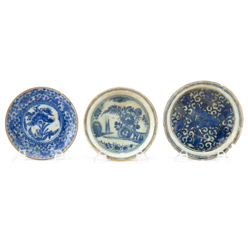 Grouping of Three (3) 17th Century Persian Blue and White Glazed Ceramic Saucers