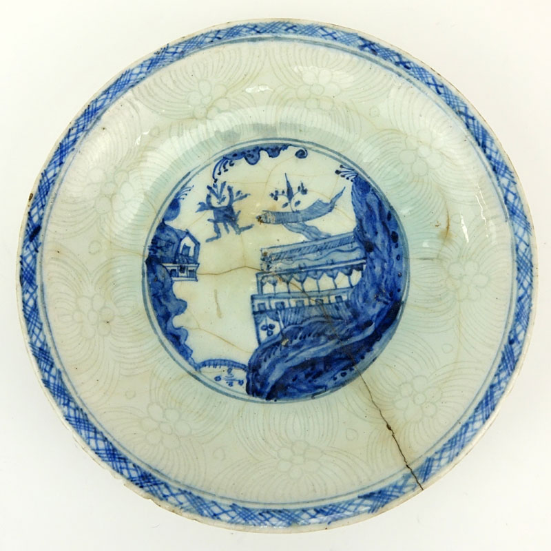 17th Century Persian Blue and White Glazed Ceramic Shallow Bowl