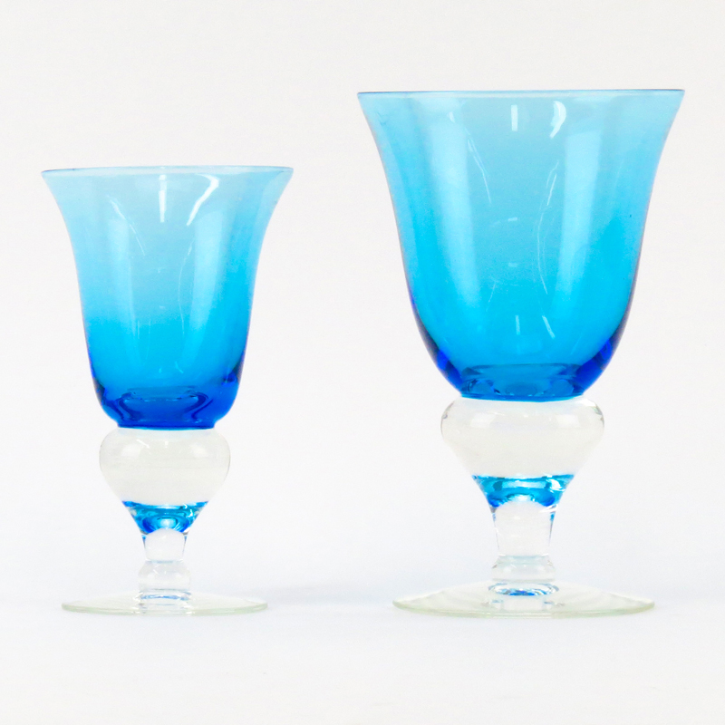 Grouping of Eleven (11) Mid Century Blue to Clear Crystal Stemware
