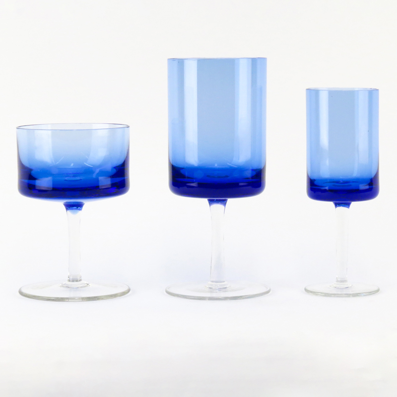 Grouping of Thirty (30) Mid Century Cobalt Blue to Clear Crystal Stemware