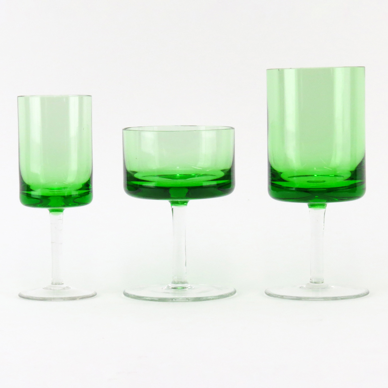 Grouping of Thirty Six (36) Mid Century Emerald Green to Clear Crystal Stemware