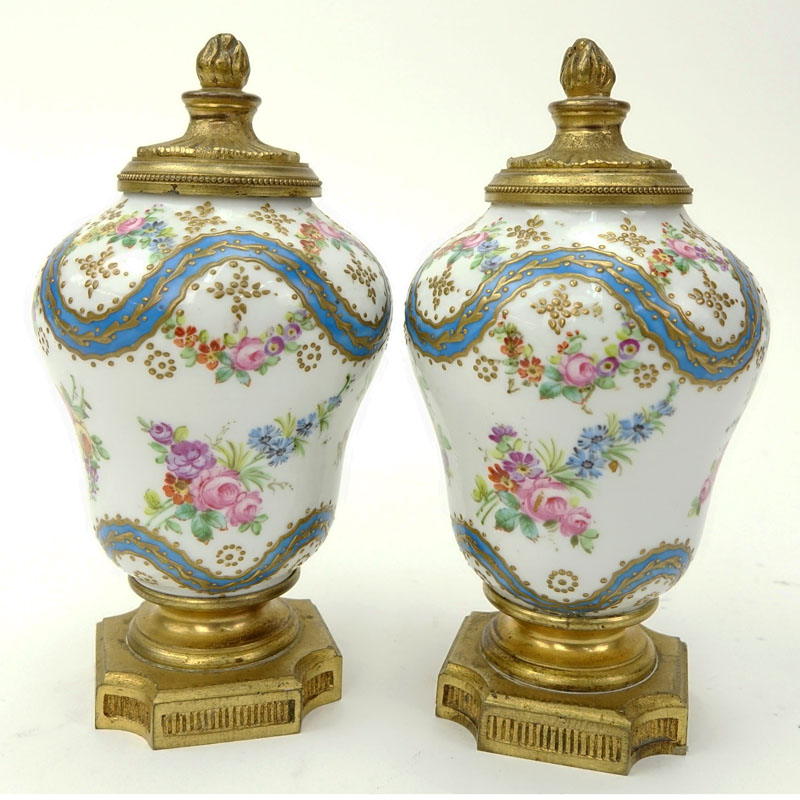 Pair 19th Century French Sevres Bronze Mounted Enamel Gilt Hand Painted Miniature Urns